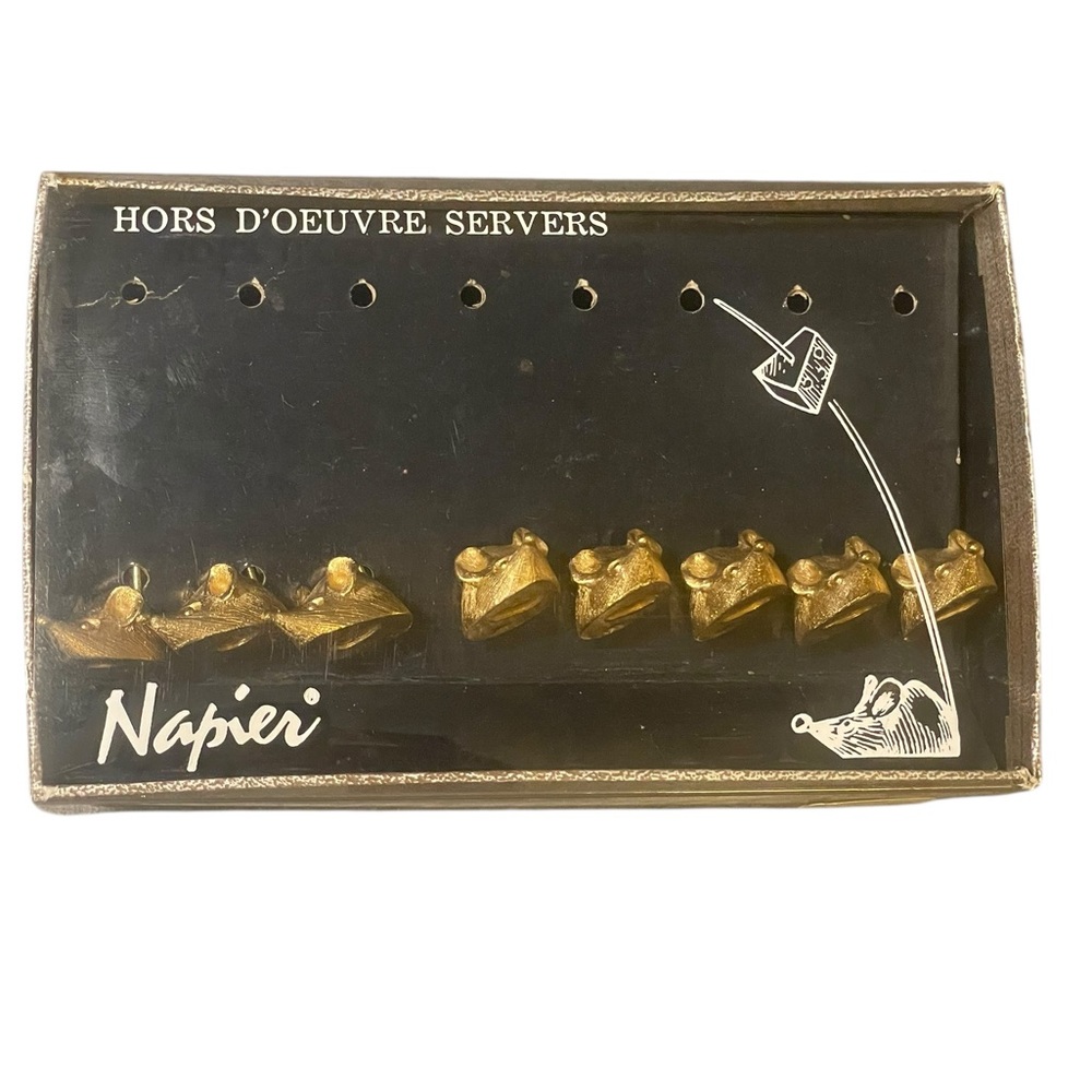 VTG Napier Goldtone Cheese Mice Appetizer Hors D’oeuvre Servers Set Of 8 In Box
